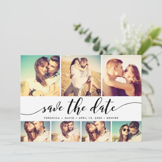Calligrafie sparen Datum 7 de Collage van het Net  Save The Date (Staand voorkant)