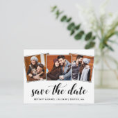 Calligrafie sparen de Datum Verloving 3 Foto Briefkaart (Staand voorkant)