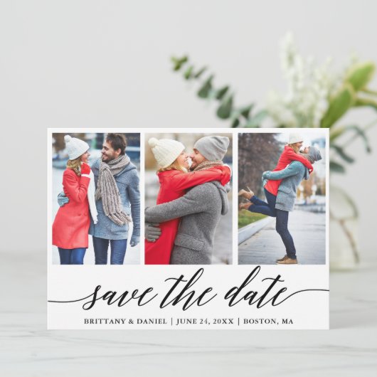 Calligrafie Sparen de Datum Verloving 3 Fotokaart Kaart (Staand voorkant)