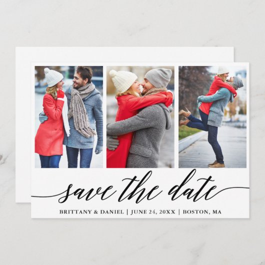 Calligrafie Sparen de Datum Verloving 3 Fotokaart Kaart (Voorkant / Achterkant)
