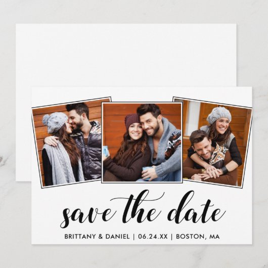 Calligrafie Sparen de Datum Verloving 3 Fotokaart Save The Date (Voorkant / Achterkant)
