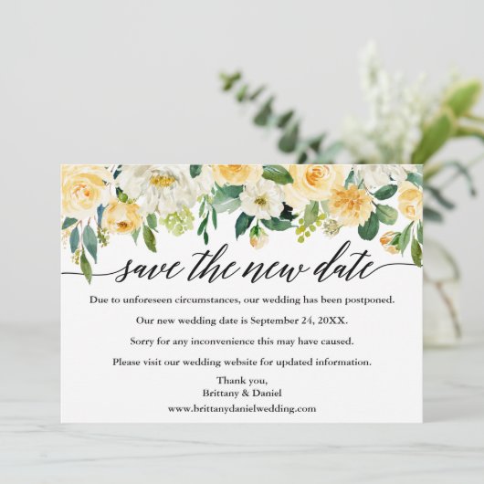 Calligrafie Sparen de nieuwe Datum Gele Florence K Save The Date (Staand voorkant)