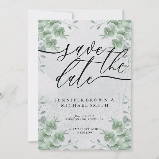 Calligrafie speciale dag van de Eucalyptus Greener Save The Date (Voorkant)