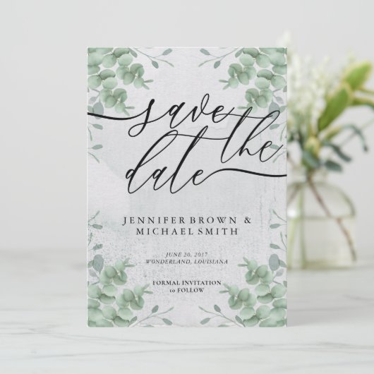 Calligrafie speciale dag van de Eucalyptus Greener Save The Date (Staand voorkant)