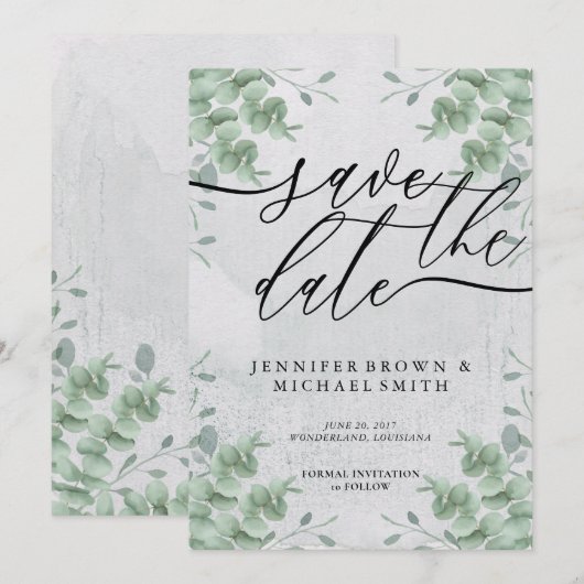 Calligrafie speciale dag van de Eucalyptus Greener Save The Date (Voorkant / Achterkant)