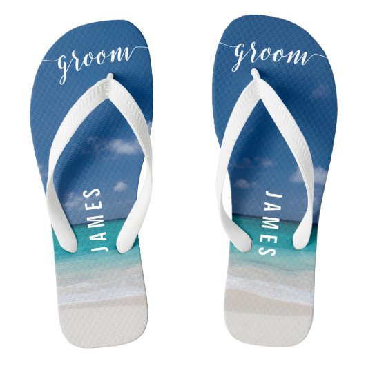 Calligrafie Strand Bruidegom Trouwfeest Flip Flops (Voetbed)