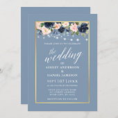 Calligrafie Stusty Blue Pink Floral Lights Wedding Kaart (Voorkant / Achterkant)