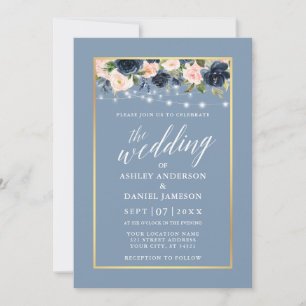Calligrafie Stusty Blue Pink Floral Lights Wedding Kaart