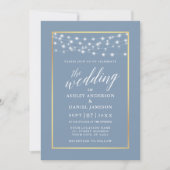 Calligrafie Stusty Blue String Lights Gold Wedding Kaart (Voorkant)