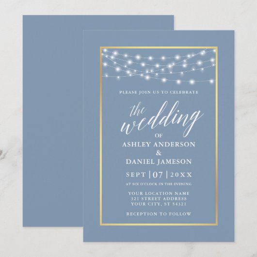 Calligrafie Stusty Blue String Lights Gold Wedding Kaart (Voorkant / Achterkant)