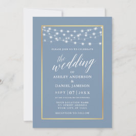 Calligrafie Stusty Blue String Lights Gold Wedding Kaart