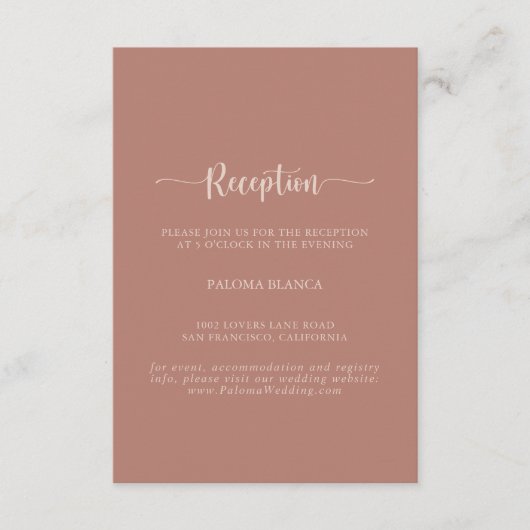 Calligrafie Terracotta Wedding Reception Informatiekaartje (Voorkant)