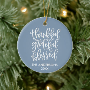 Calligrafie Thankful Grateful Bless Dusty Blue Keramisch Ornament