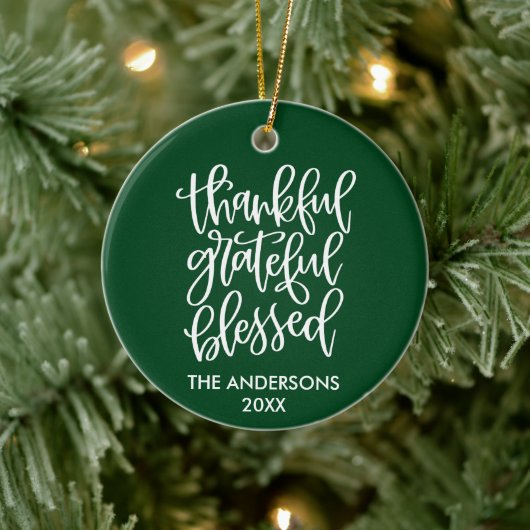 Calligrafie Thankful Grateful Blessed Green Keramisch Ornament (Boom)