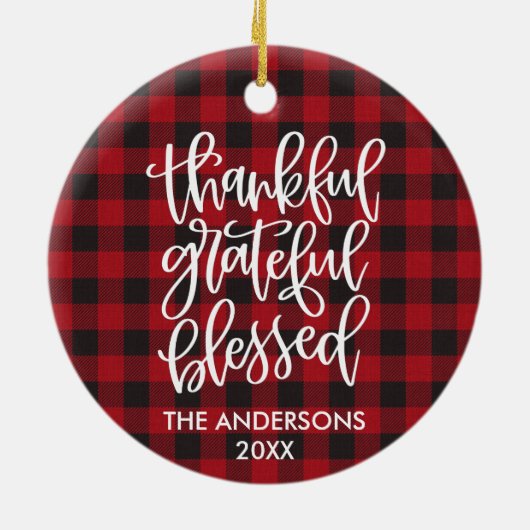 Calligrafie Thankful Grateful Blessed Red Pset Keramisch Ornament (Achterkant)