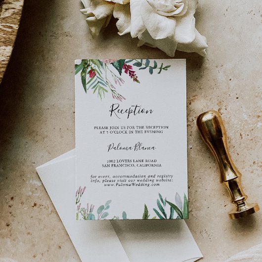 Calligrafie Tropical Floral Wedding Reception Informatiekaartje