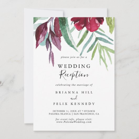 Calligrafie Tropical Floral Wedding Reception Kaart (Voorkant)