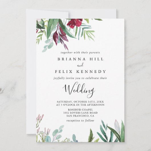 Calligrafie Tropische Floral voor en achter bruilo Kaart