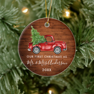 Calligrafie Truck Wood Eerste Kerstmis Mr Mrs. Keramisch Ornament