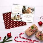 Calligrafie Twee foto's Striped Roos Gold Folie Feestdagenkaart<br><div class="desc">Een moderne en elegante kerstfeestkaart met twee prachtige familiefoto's die je kunt personaliseren. Een roos gouden folie, met aan de linkerkant de letters "Merry Kerstmis", met aan de linkerkant een met de hand getekend poinsettia blad in de gouden folie van het roos, bovenop de letters geplaatst. Schrijf uw warme groeten...</div>