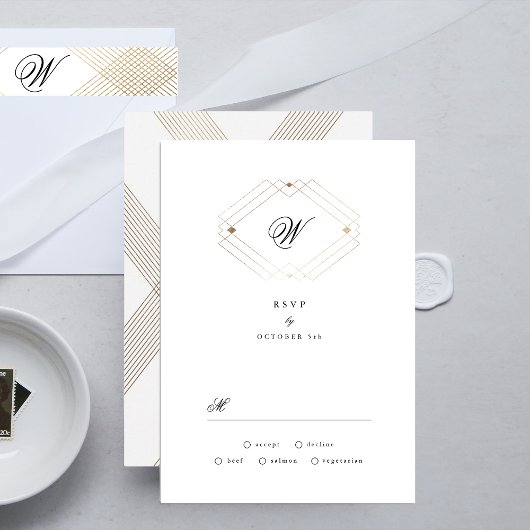 Calligrafie Typografie Monogram Gold Deco Wedding RSVP Kaartje