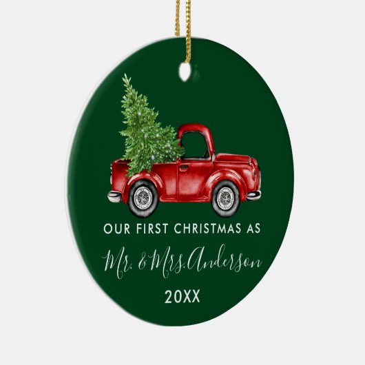 Calligrafie Vrachtwagen Eerste Kerstmis Mr. Mrs Gr Keramisch Ornament (Rechts)