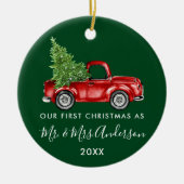 Calligrafie Vrachtwagen Eerste Kerstmis Mr. Mrs Gr Keramisch Ornament (Voorkant)