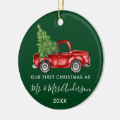 Calligrafie Vrachtwagen Eerste Kerstmis Mr. Mrs Gr Keramisch Ornament (Links)