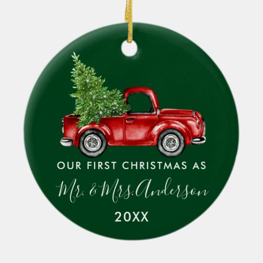 Calligrafie Vrachtwagen Eerste Kerstmis Mr. Mrs Gr Keramisch Ornament (Achterkant)