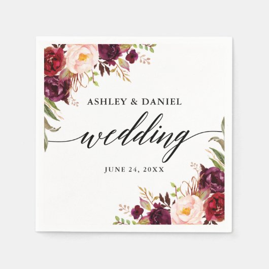 Calligrafie-Waterverf Burgundy Floral Wedding Servet (Voorkant)