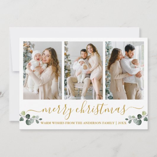 Calligrafie-Waterverf Eucalyptus Kerstmis Gold Feestdagenkaart (Voorkant)