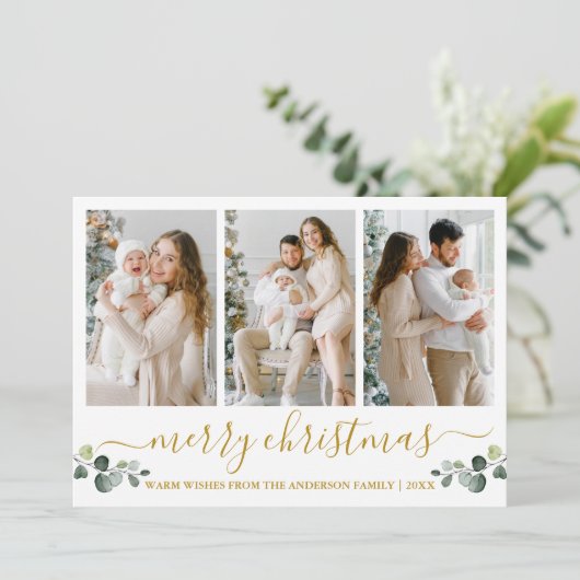 Calligrafie-Waterverf Eucalyptus Kerstmis Gold Feestdagenkaart (Staand voorkant)