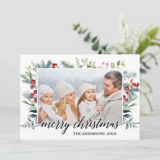 Calligrafie Waterverf Greenery kerstKaart (Staand voorkant)