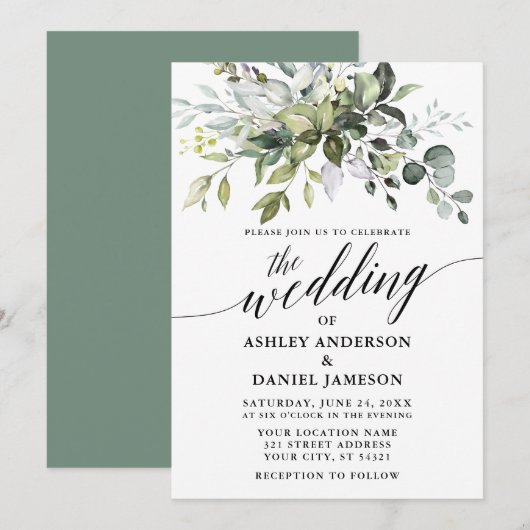 Calligrafie Waterverf Greenery Sage Green Wedding Kaart (Voorkant / Achterkant)