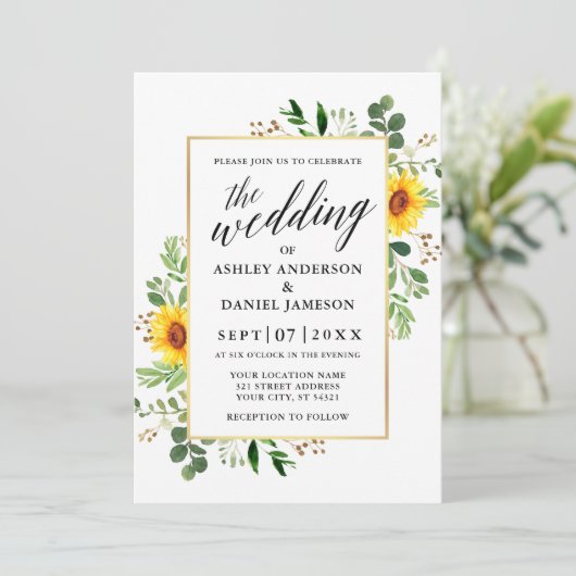 Calligrafie Waterverf Greenery Sunflower Wedding Kaart (Staand voorkant)