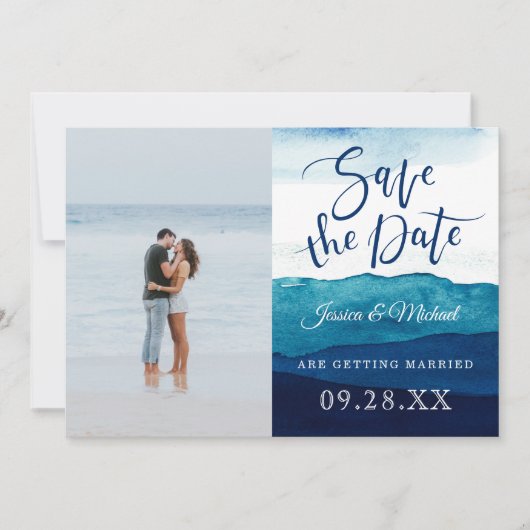 Calligrafie Waterverf Navy Deep Blue Foto Save The Date (Voorkant)