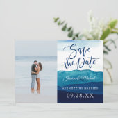 Calligrafie Waterverf Navy Deep Blue Foto Save The Date (Staand voorkant)