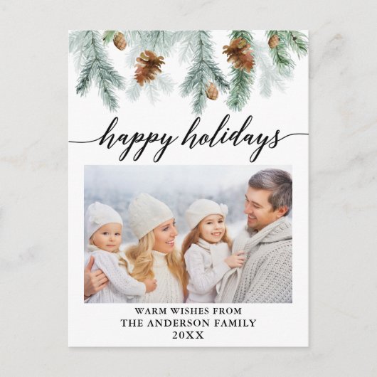 Calligrafie Waterverf Pine Cones Photo Holiday Briefkaart (Voorkant)