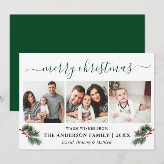 Calligrafie Waterverf Pines Berries 3 Fotogroen Feestdagenkaart (Voorkant / Achterkant)