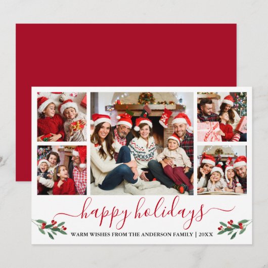 Calligrafie Waterverf Red Holly 5 Foto Feestdagenkaart (Voorkant / Achterkant)