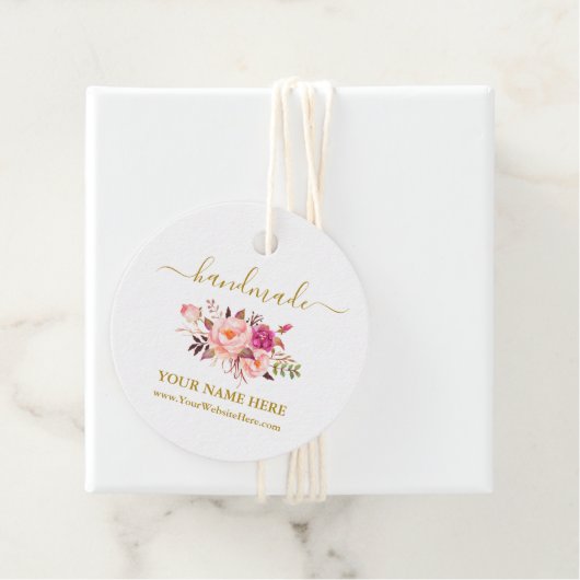 Calligrafie Waterverf Roze Floral Handmade Gold Bedankjes Labels (In situ)