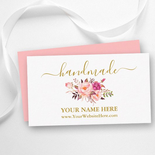 Calligrafie Waterverf Roze Floral Handmade Gold Informatiekaartje