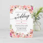 Calligrafie Waterverf Roze Floral Wedding Kaart (Staand voorkant)