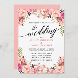 Calligrafie Waterverf Roze Floral Wedding Kaart
