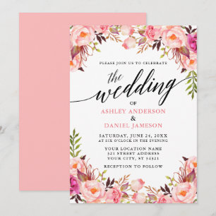 Calligrafie Waterverf Roze Floral Wedding Kaart