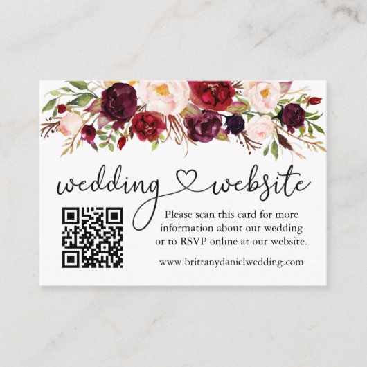 Calligrafie Web QR Burgundy Floral Informatiekaartje (Voorkant)