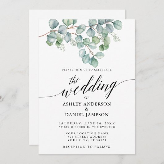 Calligrafie Wedding Eucalyptus Greenery Foto Kaart (Voorkant / Achterkant)