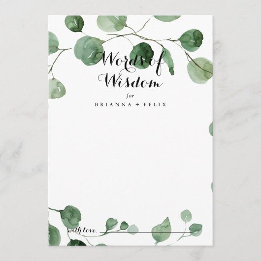 Calligrafie Wedding Words of Wisdom Eucalyptus Advieskaart (Voorkant)