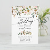 Calligrafie White Magnolias Pink Roses Wedding Kaart (Staand voorkant)