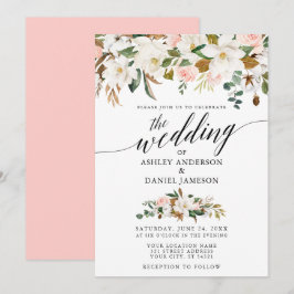Calligrafie White Magnolias Pink Roses Wedding Kaart